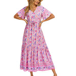 Zeagoo Women's V Neck Bohemian Dress Floral Printed Maxi Dress Short Sleeve Beach Party Dress