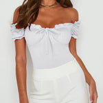 Off Shoulder Puff Sleeve Ruffle Trim Tops Bodysuits - Nadorine (Us Only)