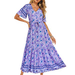 Zeagoo Women's V Neck Bohemian Dress Floral Printed Maxi Dress Short Sleeve Beach Party Dress
