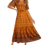 Zeagoo Women's V Neck Bohemian Dress Floral Printed Maxi Dress Short Sleeve Beach Party Dress