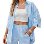 Linen Shirt Elastic Waist Casual Shorts Set - Nadorine (Us Only)