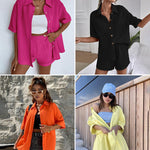 Linen Shirt Elastic Waist Casual Shorts Set - Nadorine (Us Only)