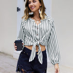 Tie Knot Front Tops Cotton Blouse Shirts - Nadorine (Us Only)