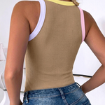 Women's Contrast Trim Ribbed Tank Top Slim Fit Sleeveless Round Neck Basic Camisole for Streetwear & Layering