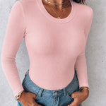 Women's Crewneck Long Sleeve Ribbed Knit Top Slim Fit Base Layer Shirt Soft Stretchy Casual Tee with Built-in Bra
