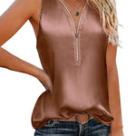 Womens Satin Tops V Neck Silk Tank Top Summer Camisole Sleeveless Blouse Loose Cami Zipper Basic Shirt - Nadorine (Us Only)