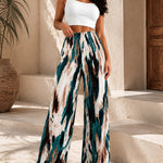 Tie Dye Print High Wait Elastic Waist Pleated Wide Leg Pants