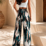 Tie Dye Print High Wait Elastic Waist Pleated Wide Leg Pants