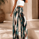 Tie Dye Print High Wait Elastic Waist Pleated Wide Leg Pants