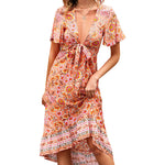 Nadorine Women's Bohemian Floral Tie Front V Neck Midi Dresses