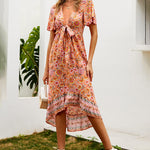 Nadorine Women's Bohemian Floral Tie Front V Neck Midi Dresses
