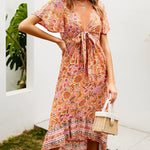 Nadorine Women's Bohemian Floral Tie Front V Neck Midi Dresses
