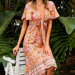 Nadorine Women's Bohemian Floral Tie Front V Neck Midi Dresses