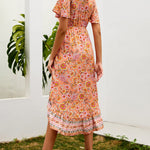 Nadorine Women's Bohemian Floral Tie Front V Neck Midi Dresses