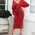 V Neck Bat Sleeve Sweater Slim Midi Dress