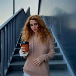 Women's Oversized Sweater V Neck Hooded Pullover Sweater Long Sleeve Knitted Jumper Tops - Nadorine (Us Only)