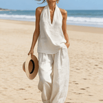 Casual Urban Style White Linen V-neck Sleeveless Top And Wide Leg Pants Set