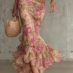 Vintage Rose Print Maxi Dress With Puff Sleeves（Accessories not included）