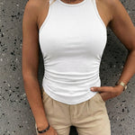 Round Neck Sleeveless Side Ruched Tank Slim Fit Ribbed Racerback Tank Top