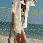 Women's Summer Cardigans 3/4 Sleeve Open Front Cardigan Duster Waffle Knit Kimono Swimsuit Cover Ups - Nadorine (Us Only)