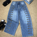 Women's Barrel Jeans High Waisted Side Button Denim Pants Distressed Washed Baggy Trousers Retro Y2K Streetwear