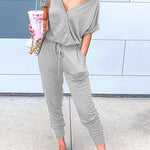 Margovil V Neck Tie Waist Solid Jumpsuit with Pockets