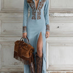 Western Half-Zip Embroidered Faux Suede Fringe Maxi Dress
