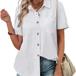 Nadorine Color Block Short Sleeve Cotton Linen Causal Tops