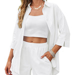 Linen Shirt Elastic Waist Casual Shorts Set - Nadorine (Us Only)