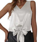 Womens Silk Satin Front Tie Tank Tops V Neck Camisole Fashion Sleeveless Causal Cami Shirt S-XXL - Nadorine (Us Only)