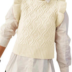 Women's Sweater Vests Round Neck Ruffle Cable Knit Cropped Tops Sleeveless Sweater S-XXL - Nadorine (Us Only)