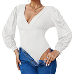 Women Sexy Bodysuits Long Sleeve V Neck Jumpsuits Tops Leotard Shirts - Nadorine (Us Only)