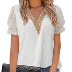 Womens V Neck Puff Short Sleeve Tops Swiss Dots Chiffon Lace Neckline Shirts Blouses - Nadorine (Us Only)