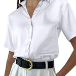 Nadorine Women Satin Shirt V-Neck Short Sleeve Button Down Shirt Casual Loose Office Silk Tops  (Us Only)