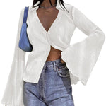 Women's Deep V Neck Shirt Button Front Blouse Bell Long Sleeve Tops - Nadorine (Us Only)