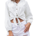 Tie Knot Front Tops Cotton Blouse Shirts - Nadorine (Us Only)