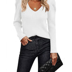 Nadorine V Neck Sweaters Casual Puff Sleeve Pullover Sweater
