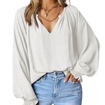 Nadorine Blouses Puff Long Sleeve Pleated V Neck Tunic Tops