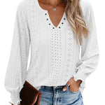 Nadorine Women Casual V Neck T-Shirts Ruffle Long Sleeve Shirt Eyelet Loose Blouses S-XXL