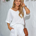 Women's 2 Piece Cotton Linen Tracksuit Short Sleeve Casual Shorts Set V Neck Beach Outfits - Nadorine (Us Only)