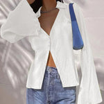 Women's Deep V Neck Shirt Button Front Blouse Bell Long Sleeve Tops - Nadorine (Us Only)