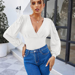 Women Sexy Bodysuits Long Sleeve V Neck Jumpsuits Tops Leotard Shirts - Nadorine (Us Only)