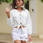 Tie Knot Front Tops Cotton Blouse Shirts - Nadorine (Us Only)