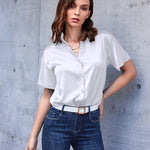 Nadorine Women Satin Shirt V-Neck Short Sleeve Button Down Shirt Casual Loose Office Silk Tops  (Us Only)