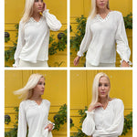 Nadorine Women Casual V Neck T-Shirts Ruffle Long Sleeve Shirt Eyelet Loose Blouses S-XXL
