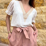 Womens V Neck Puff Short Sleeve Tops Swiss Dots Chiffon Lace Neckline Shirts Blouses - Nadorine (Us Only)