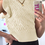 Women's Sweater Vests Round Neck Ruffle Cable Knit Cropped Tops Sleeveless Sweater S-XXL - Nadorine (Us Only)