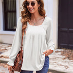Nadorine Long Sleeve Shirts Square Neck Pleated Tunic Tops