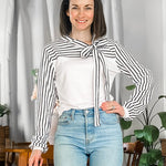 Nadorine Bow Tie Neck Long Sleeve Shirts Work Tops