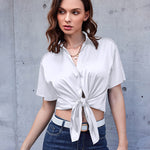 Nadorine Women Satin Shirt V-Neck Short Sleeve Button Down Shirt Casual Loose Office Silk Tops  (Us Only)